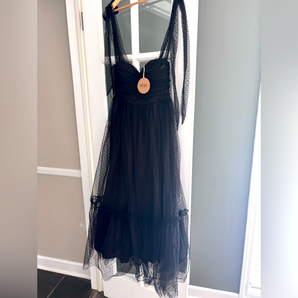 BiBi Shoulder Tie Black Dress with Sheer Polka Dot Overlay